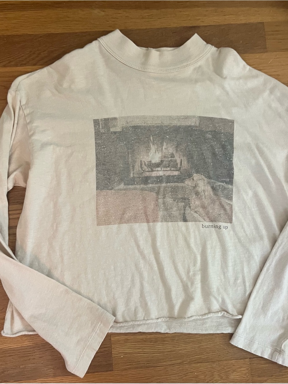 aerie Long Sleeve Graphic Tee in Light Cream with Subtle Gray Print